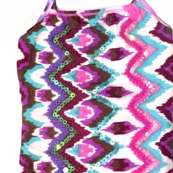 ❤️ sz 8 lk 6x/7 NEW Submarine 1pc Elegeant Ikat print Sequined Girls Swimsuit ❤️